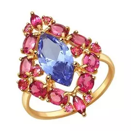 Кольцо из красного золота с танзанитом и родолитами 714502