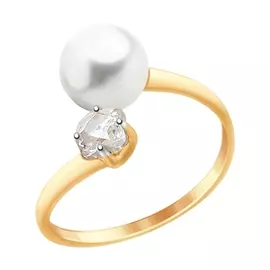 Кольцо из красного золота с жемчугом и фианитами 791055