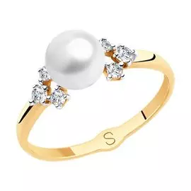 Кольцо из красного золота с жемчугом и фианитами 791120