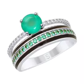 Кольцо из серебра с агатом, фианитами и эмалью с родированием 92011619