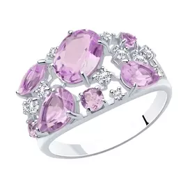 Кольцо из серебра с аметистами и фианитами с родированием 92010221