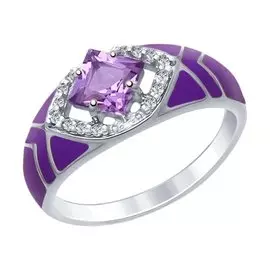 Кольцо из серебра с аметистом, фианитами и эмалью с родированием 92011405