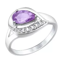 Кольцо из серебра с аметистом и фианитами с родированием 92011446