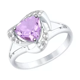 Кольцо из серебра с аметистом и фианитами с родированием 92011491