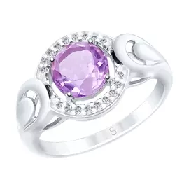 Кольцо из серебра с аметистом и фианитами с родированием 92011567