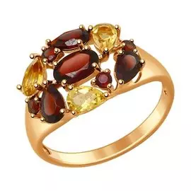 Кольцо из серебра с гранатами, цитринами и фианитами с позолотой и родированием 92011385