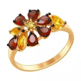 Кольцо из серебра с гранатами, цитринами и фианитами с родированием 92011404