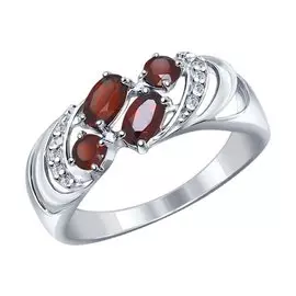 Кольцо из серебра с гранатами и фианитами с родированием 92011219