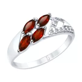 Кольцо из серебра с гранатами и фианитами с родированием 92011643