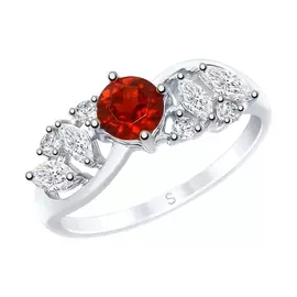 Кольцо из серебра с гранатом и фианитами с родированием 92011668