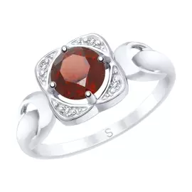 Кольцо из серебра с гранатом и фианитами с родированием 92011678
