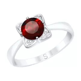 Кольцо из серебра с гранатом и фианитами с родированием 92011690