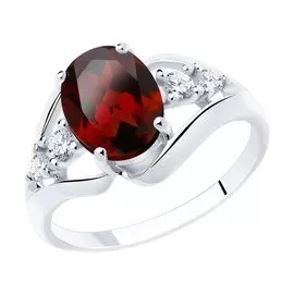 Кольцо из серебра с гранатом и фианитами с родированием 92011935