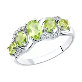 Кольцо из серебра с хризолитами и фианитами с родированием 92011010