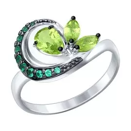 Кольцо из серебра с хризолитами и фианитами с родированием 92011292