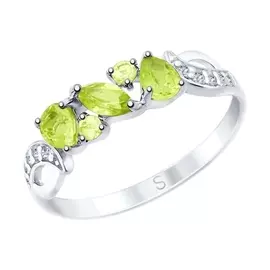 Кольцо из серебра с хризолитами и фианитами с родированием 92011592