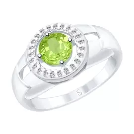 Кольцо из серебра с хризолитом и фианитами с родированием 92011543