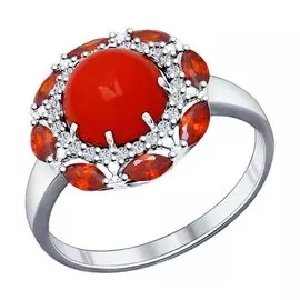 Кольцо из серебра с кораллом и фианитами с родированием 94011849