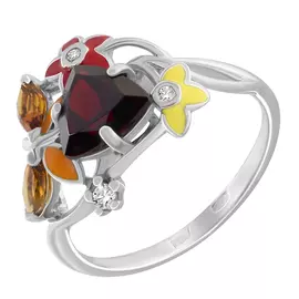 Кольцо из серебра с миксом камней с эмалью с родированием 92010499