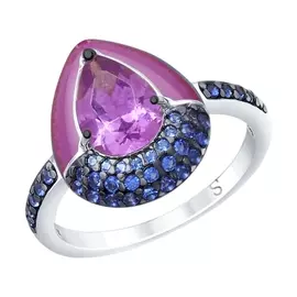 Кольцо из серебра с наноситаллом, фианитами и эмалью с родированием 92011671