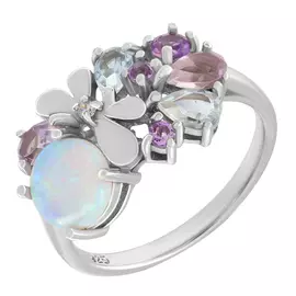 Кольцо из серебра с опалом, аметистами и топазами с родированием 1405937293
