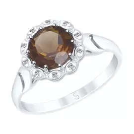 Кольцо из серебра с раухтопазом и фианитами с родированием 92011535