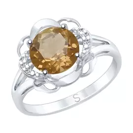 Кольцо из серебра с раухтопазом и фианитами с родированием 92011739