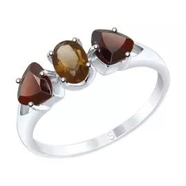 Кольцо из серебра с раухтопазом и гранатами с родированием 92011589