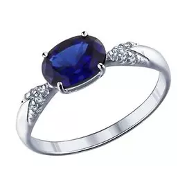 Кольцо из серебра с сапфиром и фианитами с родированием 88010002