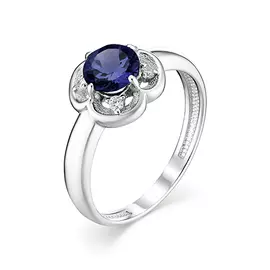 Кольцо из серебра с сапфиром и фианитом с родированием 01-1161/0ГТС-00
