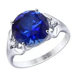 Кольцо из серебра с синим корундом с родированием 88010052