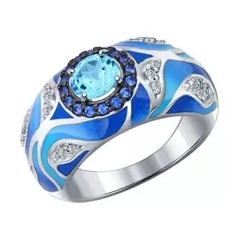 Кольцо из серебра с топазом, фианитами и эмалью с родированием 92011191