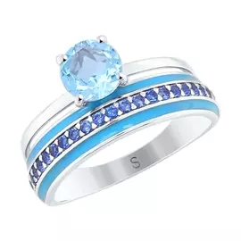 Кольцо из серебра с топазом, фианитами и эмалью с родированием 92011618