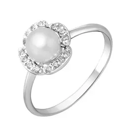 Кольцо из серебра с жемчугом и фианитами с родированием 11-0177-23-06
