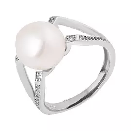 Кольцо из серебра с жемчугом и фианитами с родированием 1459930002