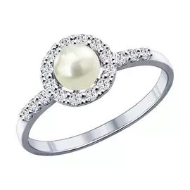 Кольцо из серебра с жемчугом и фианитами с родированием 94011808