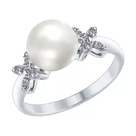 Кольцо из серебра с жемчугом и фианитами с родированием 94012589