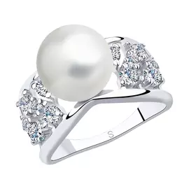 Кольцо из серебра с жемчугом и фианитами с родированием 94012993