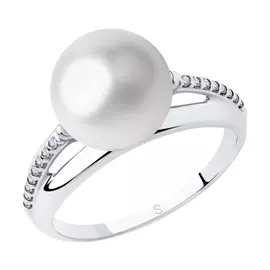 Кольцо из серебра с жемчугом и фианитами с родированием 94012995
