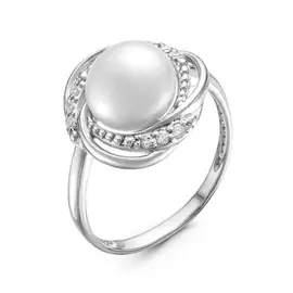 Кольцо из серебра с жемчугом и фианитами с родированием к1371р1005