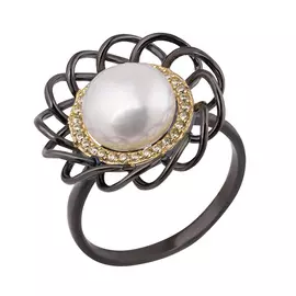 Кольцо из серебра с жемчугом и наноситаллами цитрин с родированием 50040901