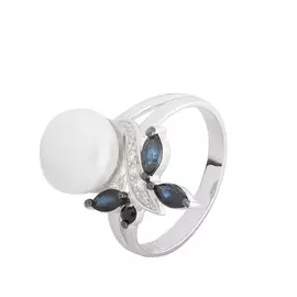 Кольцо из серебра с жемчугом, сапфиром и фианитом с родированием ETP-001-R-WP