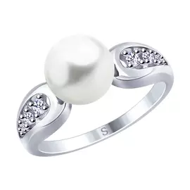 Кольцо из серебра с жемчугом swarovski и фианитами с родированием 94012649
