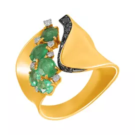 Кольцо из желтого золота с изумрудами и бриллиантами 1-106-595-01