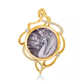 Подвеска из желтого золота со вставкой финифтью "Павлин" и бриллиантами D3-038-13-02