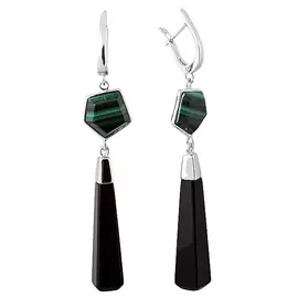 Серьги из серебра с малахитом и ониксом с родированием 2432930159