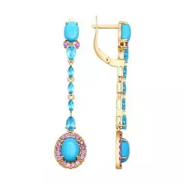Серьги из красного золота с бирюзой, аметистами и фианитами 724272