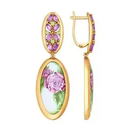 Серьги из красного золота с аметистами, хризолитами и финифтью 782004