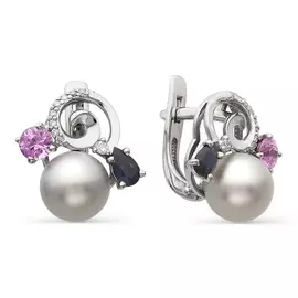Серьги из белого золота с жемчугом, сапфирами и бриллиантами 2-105-490