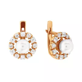 Серьги из красного золота с жемчугом и фианитами 21-0474-11-06